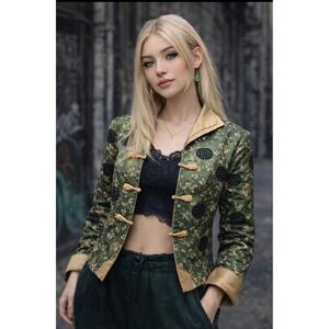 Vintage Y2K Chinese-inspired brocade Kimono/Jacket Floral Green L, Fairy Grunge,